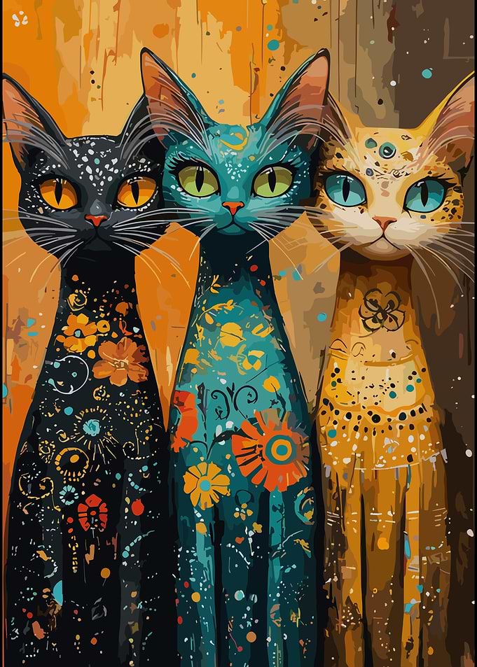 Three Stylized Cats with Floral Patterns