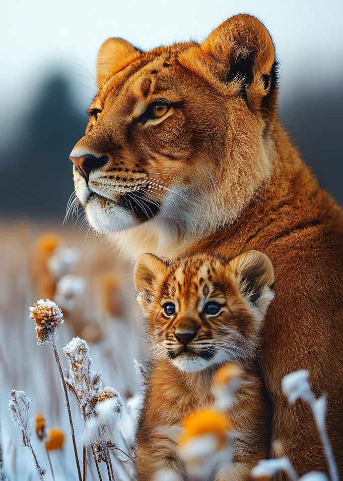 Lioness and Cub in Winter Field