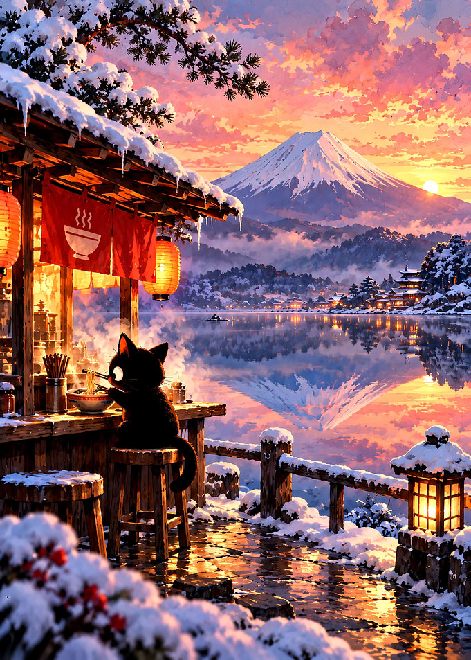 Cat Eating Ramen by Mount Fuji