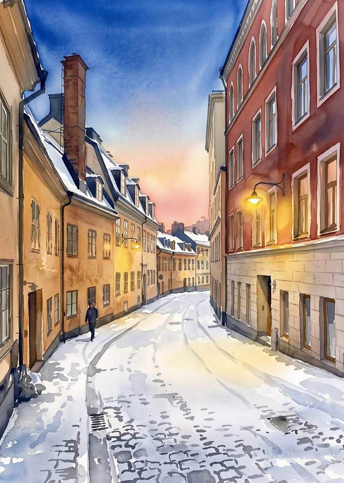 Watercolor Winter Street Scene