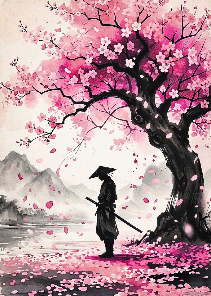 Samurai Cherry Blossom Watercolor A