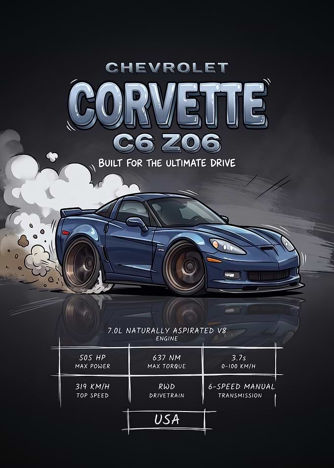 A stylized digital illustration caricature C6 Z06 Car Poster