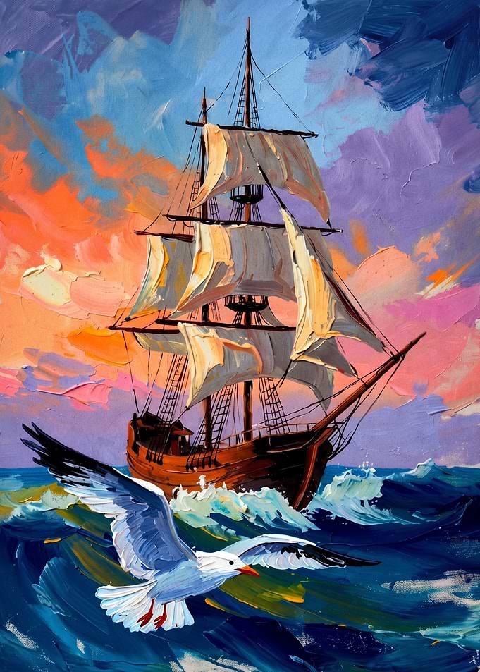 Oil Painting of Ship and Seagull