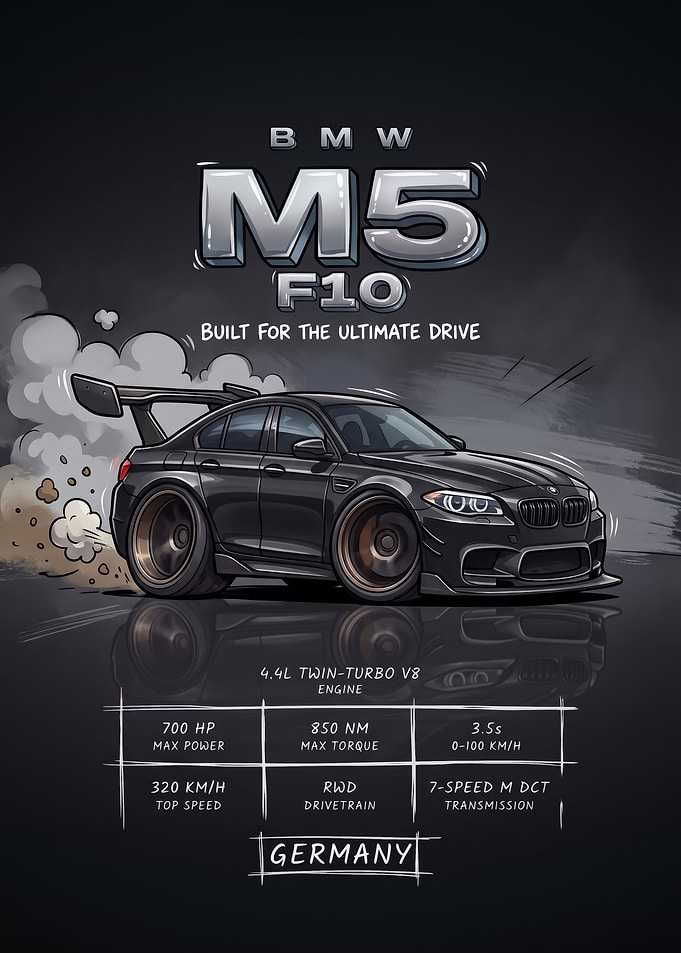A stylized digital illustration caricature F10 m5 Car Poster