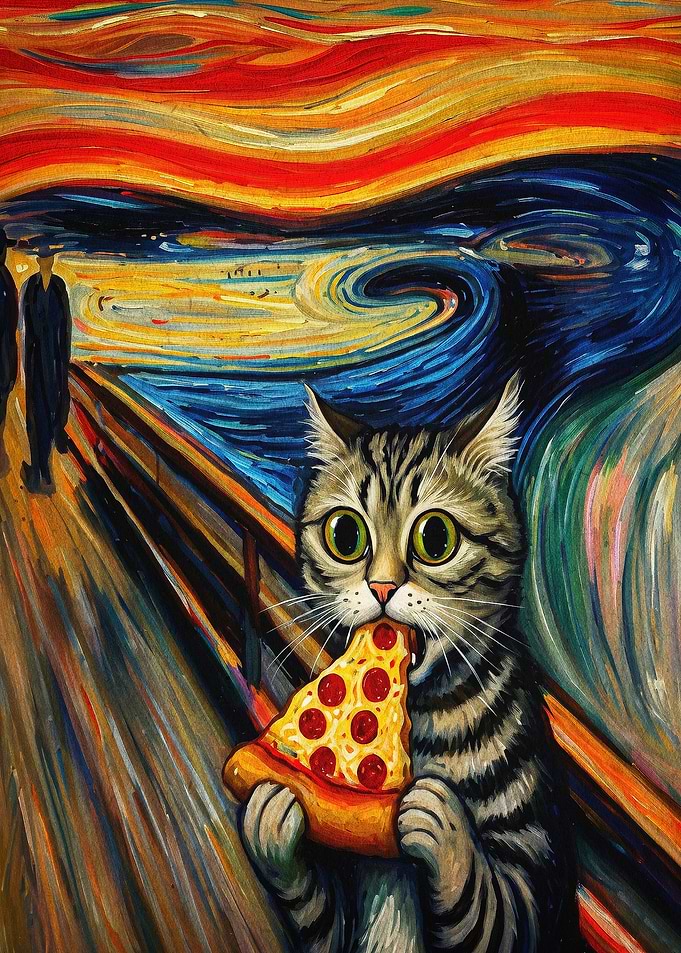 Cat Eating Pizza Funny Art Poster