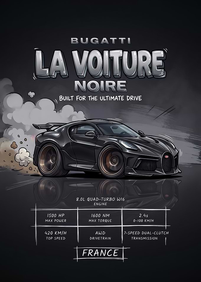 A stylized digital illustration caricature La Voiture Noire Car Poster