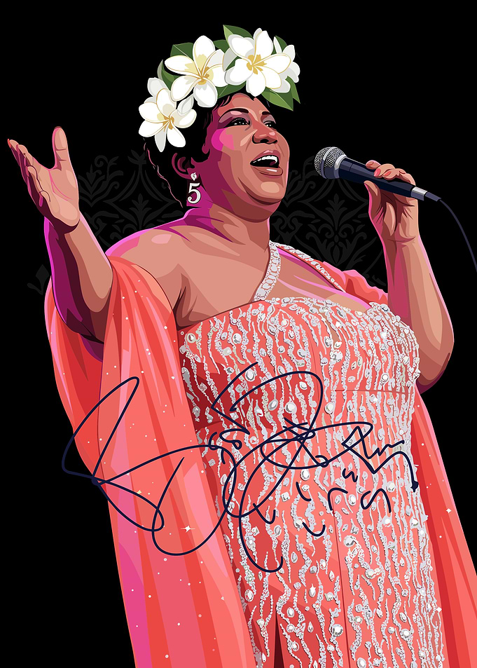 Aretha Franklin Singing Portrait Illustration