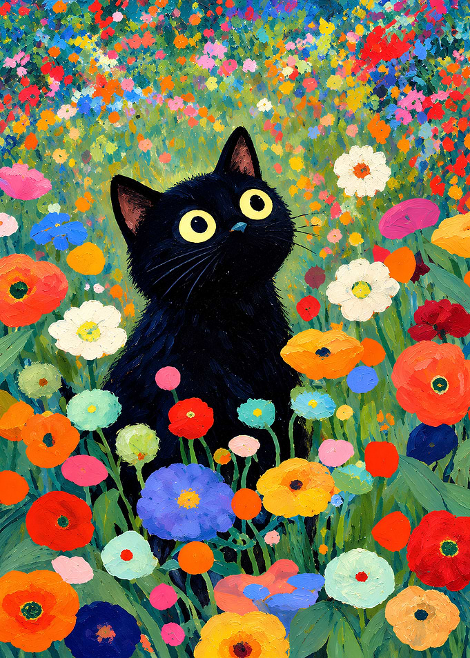 Black Cat in Colorful Flower Field