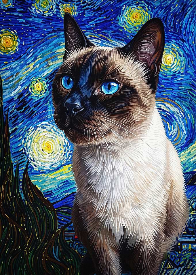 Siamese Cat Starry Night Art