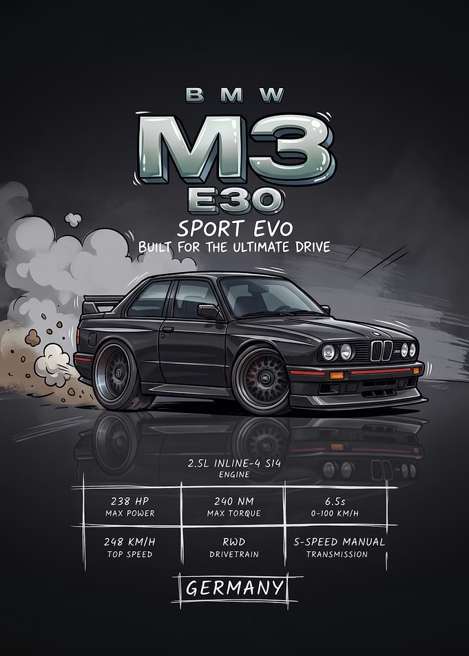 A stylized digital illustration caricature E30 Sport Evo Car Poster