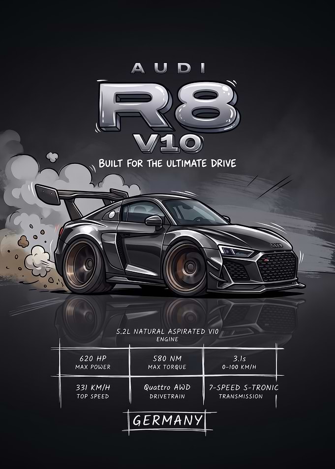 A stylized digital illustration caricature r8v10 Car Poster