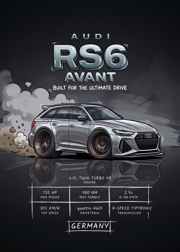 A stylized digital illustration caricature rs6avant Car Poster