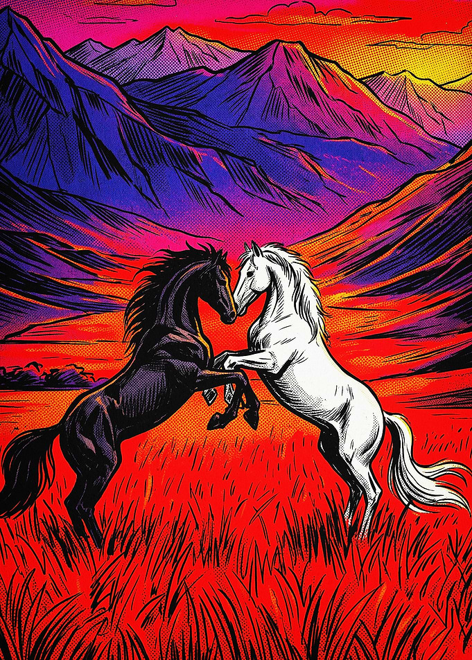 Horse Mountains Neon Retro Art