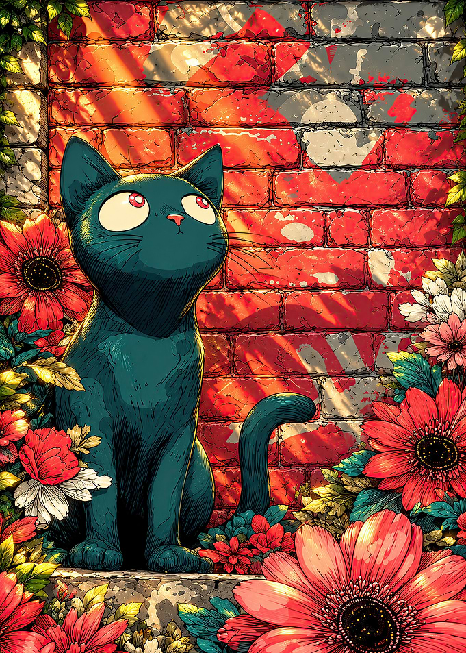 Black Cat Among Vibrant Flowers