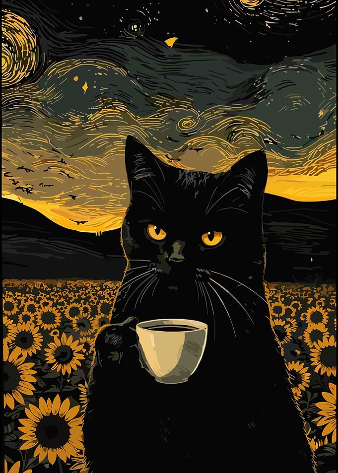 Black Cat Drinking Coffee in Sunflowers