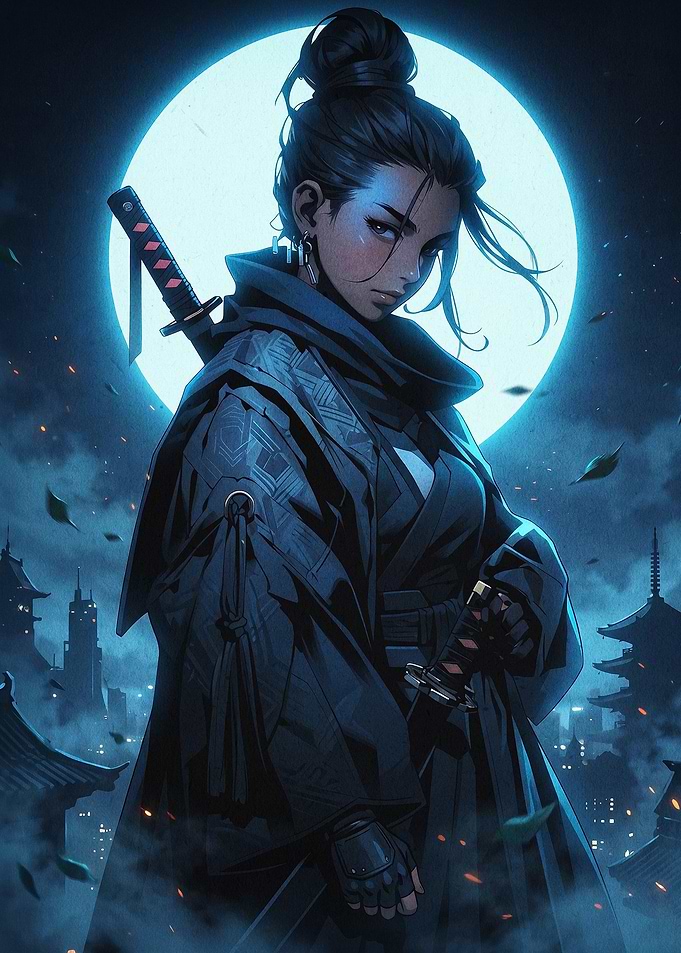 Female Samurai Moon Dark Art Poster