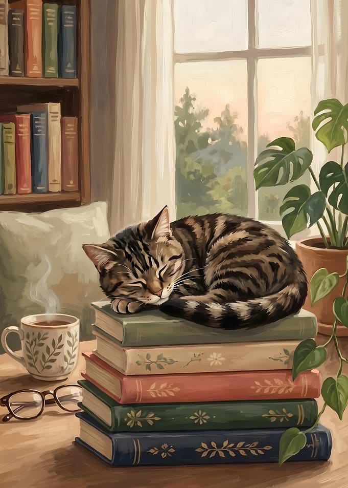 Cozy Cat Sleeping on Stacked Books