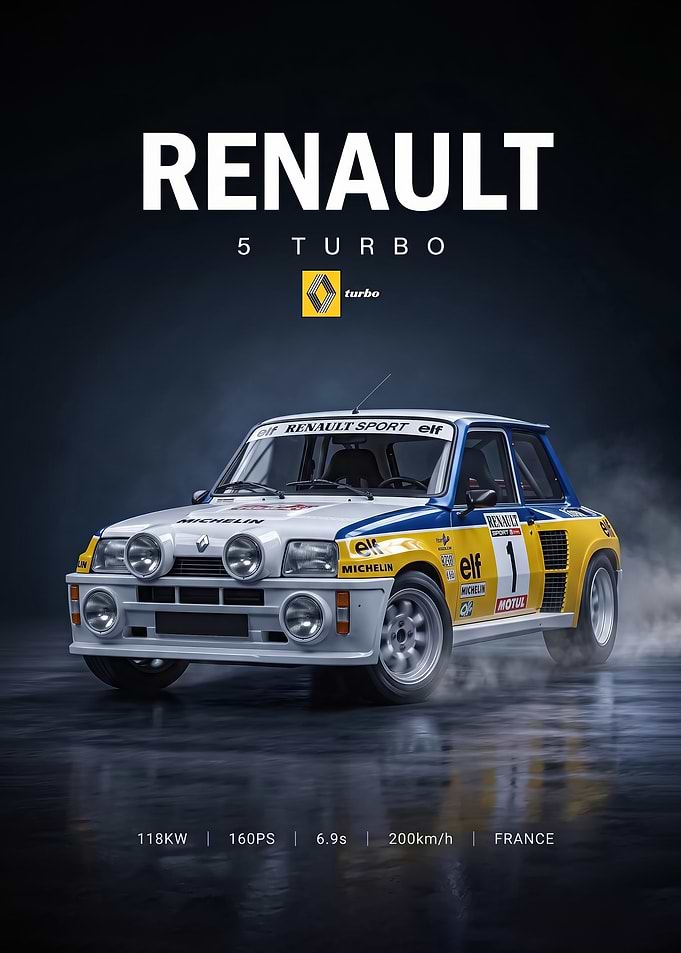 A stylized digital art classic 5 Turbo rally car Poster