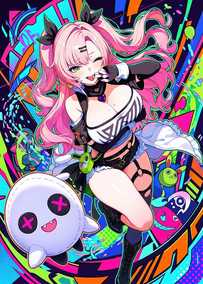 Pink-Haired Girl with Plushies illustration