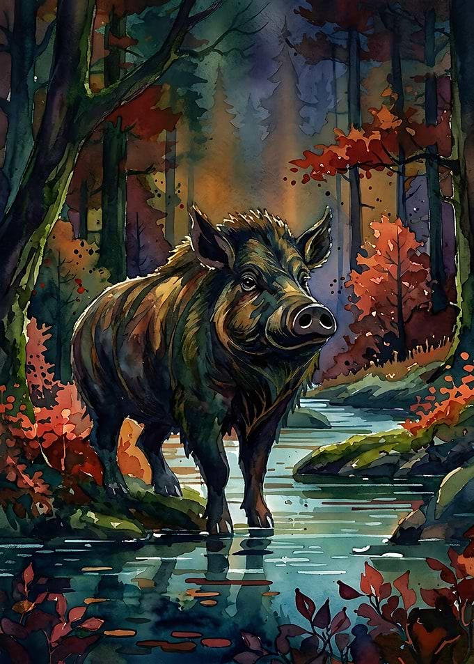 Wild Boar in Autumn Forest