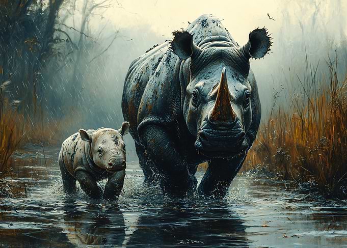 Rhino Mother and Calf in Rain