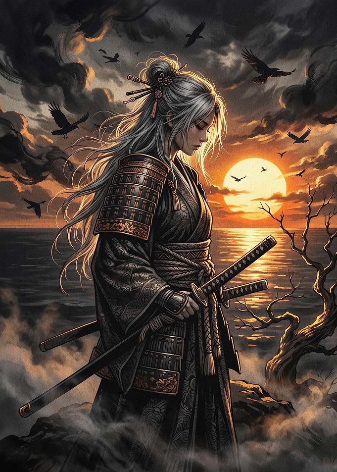 Samurai Woman Sunset Dark Fantasy A