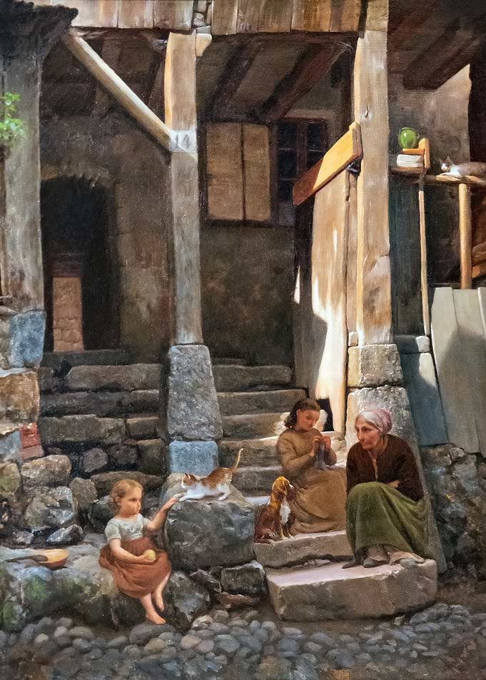 Family Scene in Rustic Courtyard