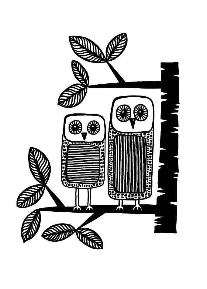 Two Stylized Owls on a Branch