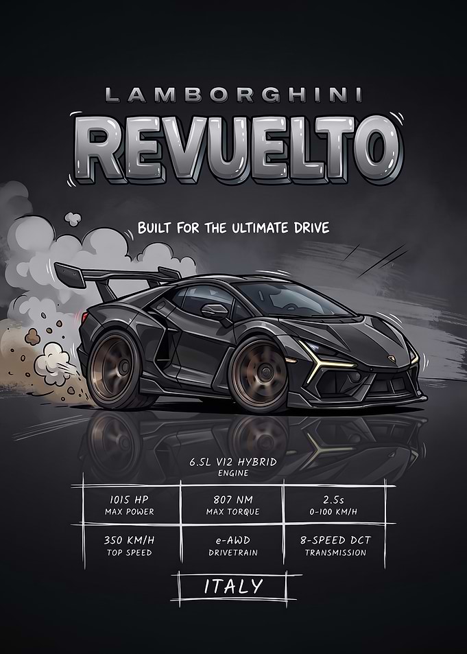A stylized digital illustration caricature revuelto Car Poster