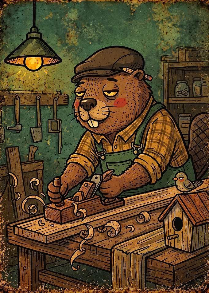Beaver Carpenter Working in Workshop