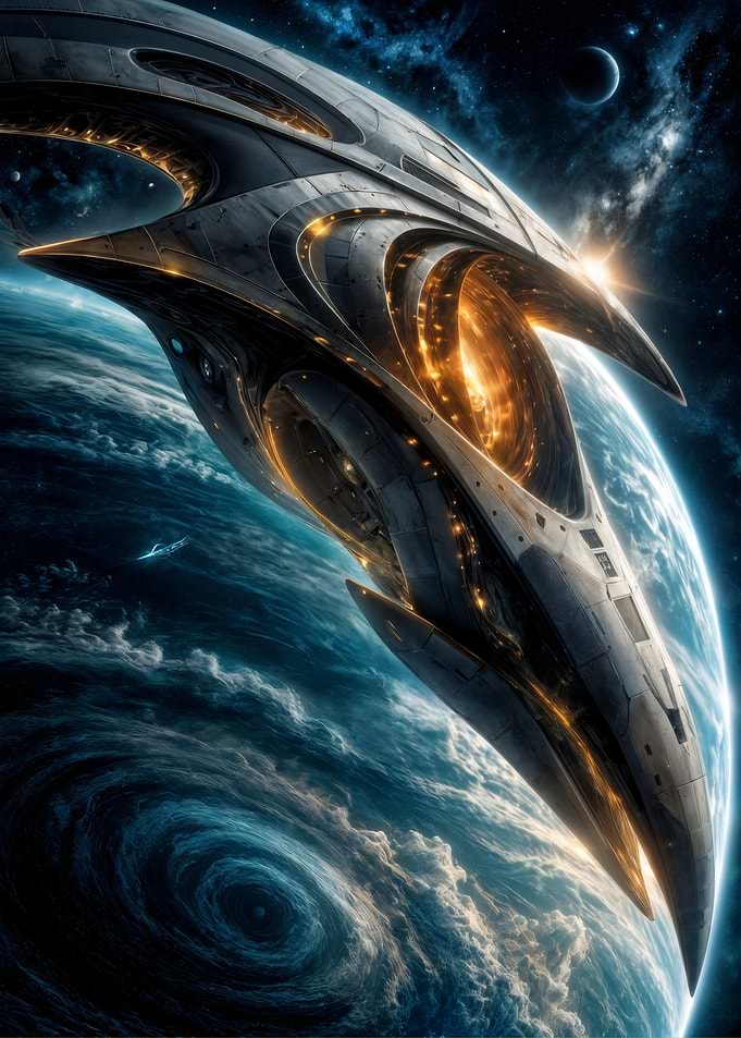 Futuristic Alien Spaceship Orbiting Planet