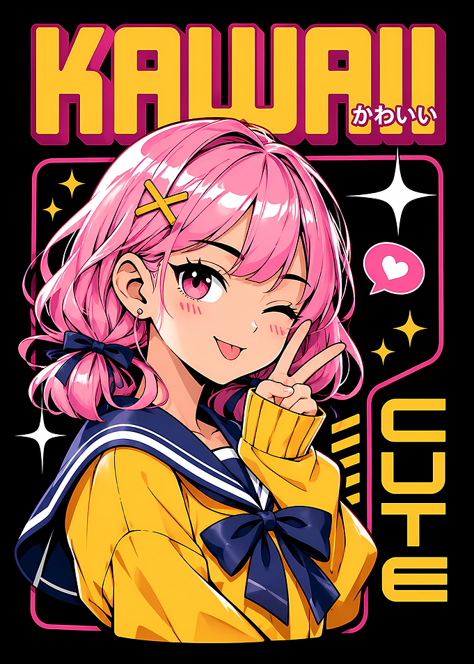 Kawaii Anime Girl Peace Sign Illustration