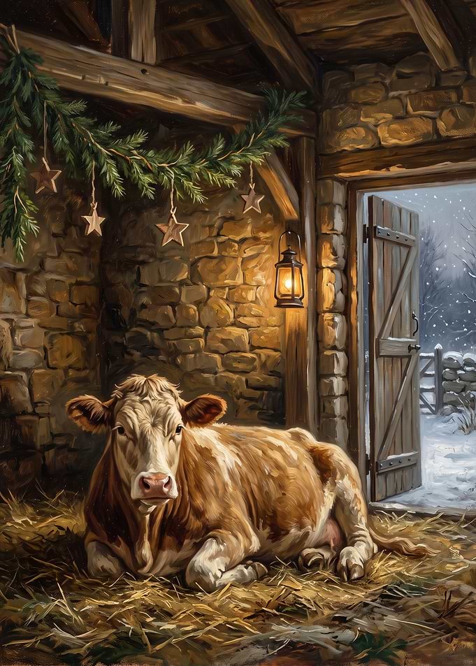 Cow Resting in a Christmas Barn