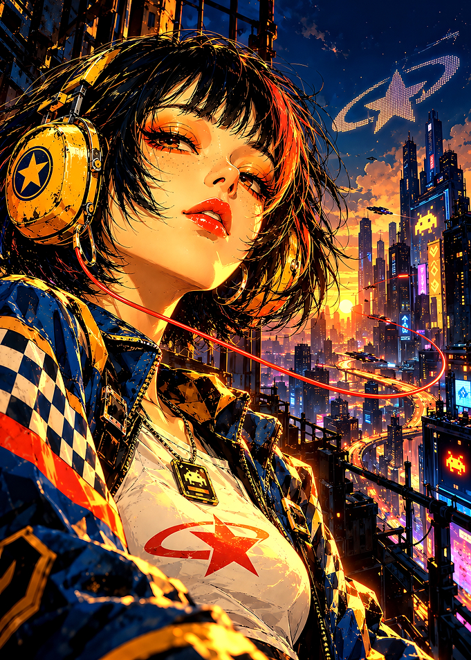 Cyberpunk Anime Girl with Retro Headphones