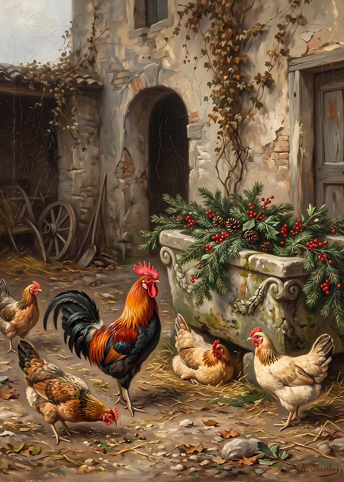 Rooster and Hens in Rustic Courtyard
