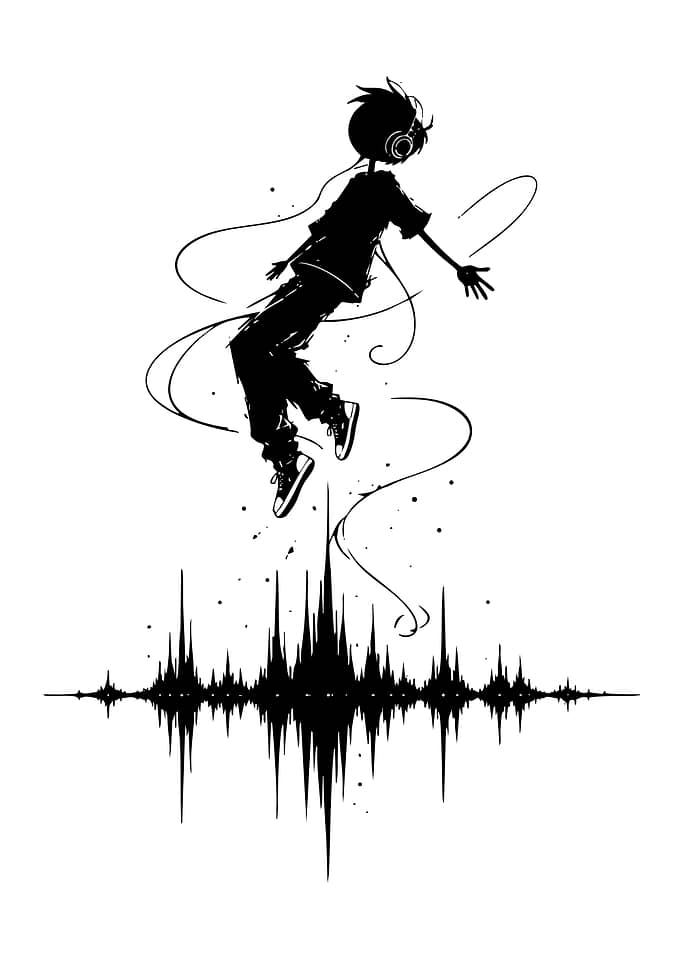 Silhouette of Person Floating on Soundwaves