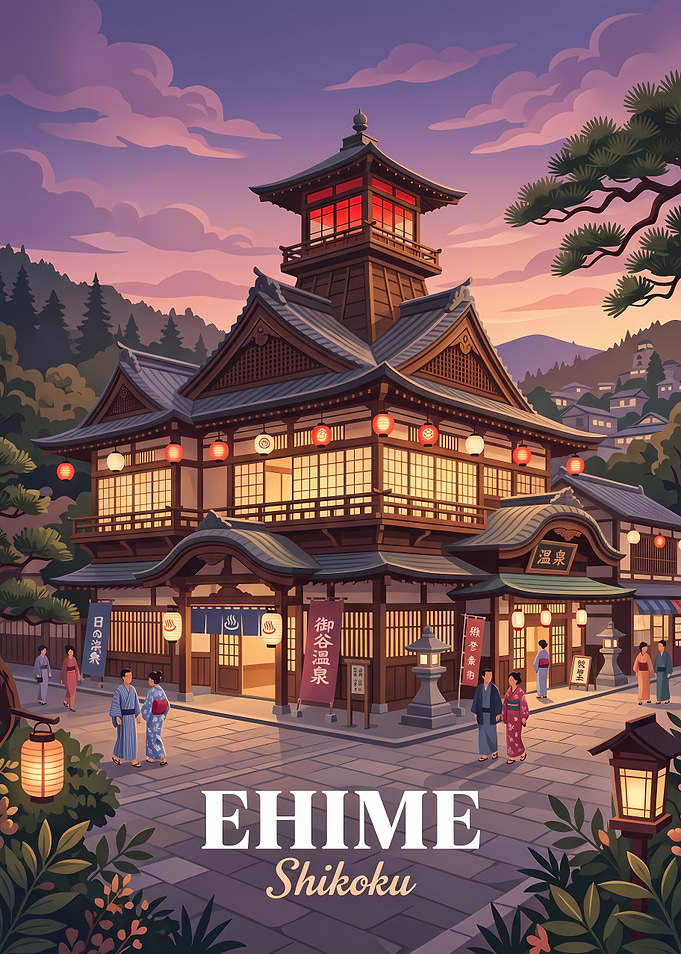 Ehime Shikoku Japanese Onsen Travel Poster