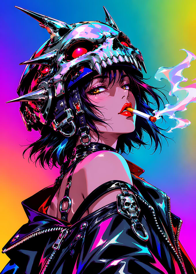 Cyberpunk Anime Girl with Skull Helmet