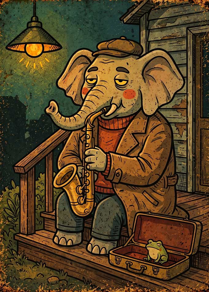 Elephant Playing Saxophone on Porch