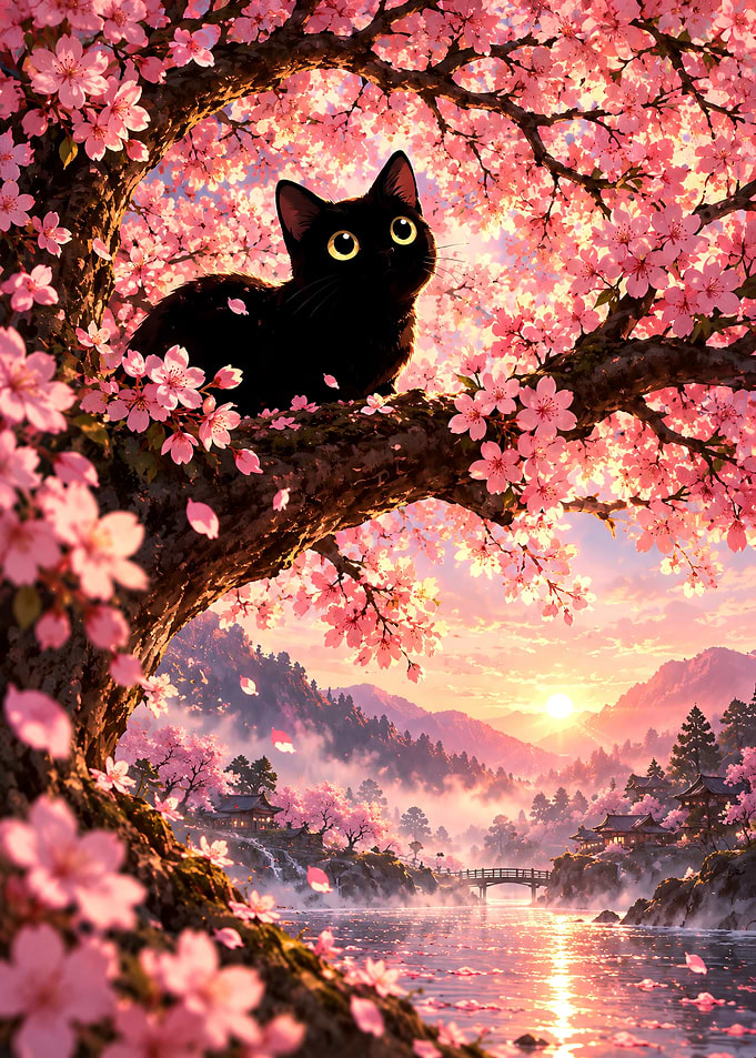 Black Cat in Cherry Blossom Tree