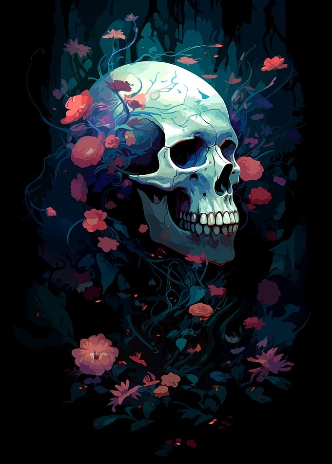 Skull Surrounded by Vibrant Floral Vines