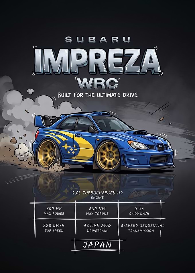 A stylized digital illustration caricature Impreza WRC rally Car Poster