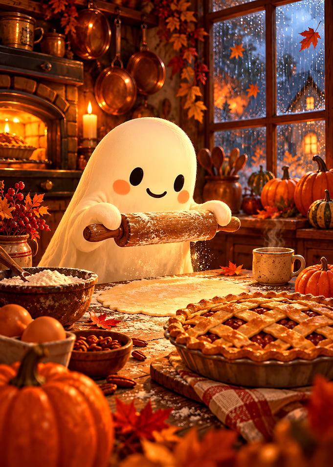 Cute Ghost Baking Autumn Pie
