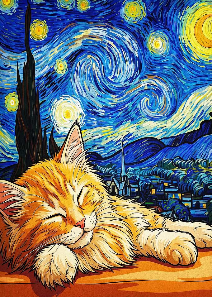 Sleeping Cat Starry Night Art