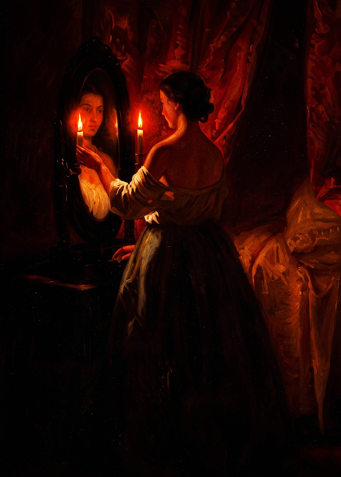 Woman Gazing into Candlelit Mirror