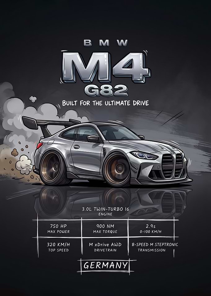 A stylized digital illustration caricature m4 Car Poster