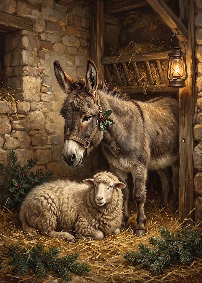 Donkey and Sheep in Christmas Stable