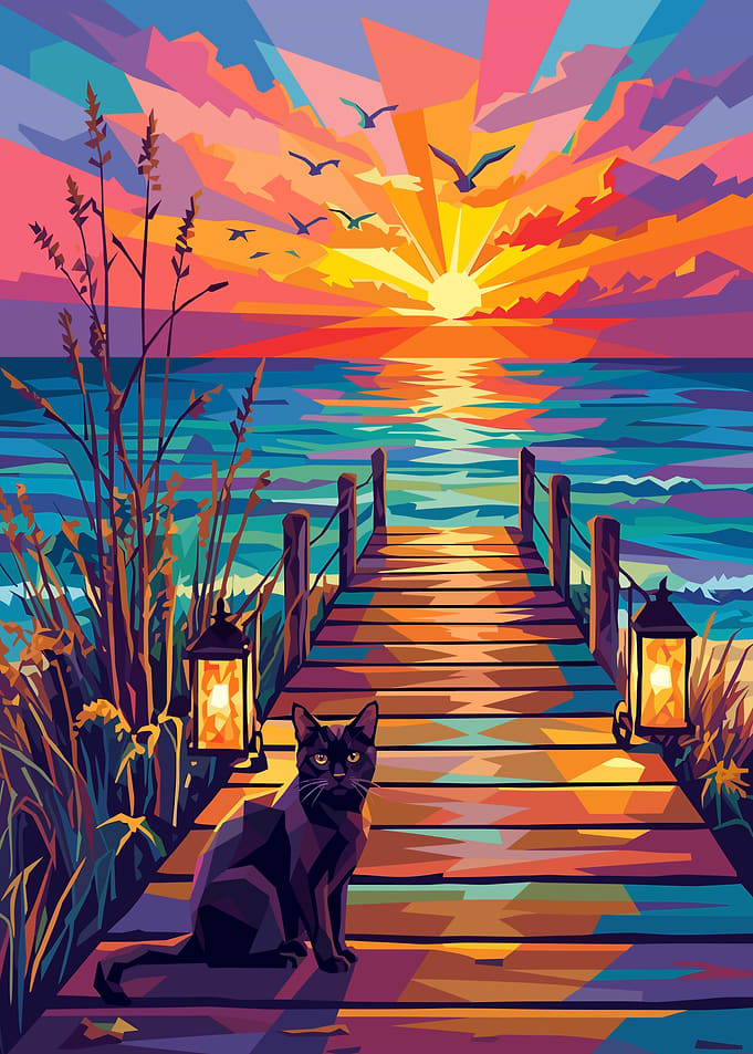 Geometric Sunset Pier with Black Cat