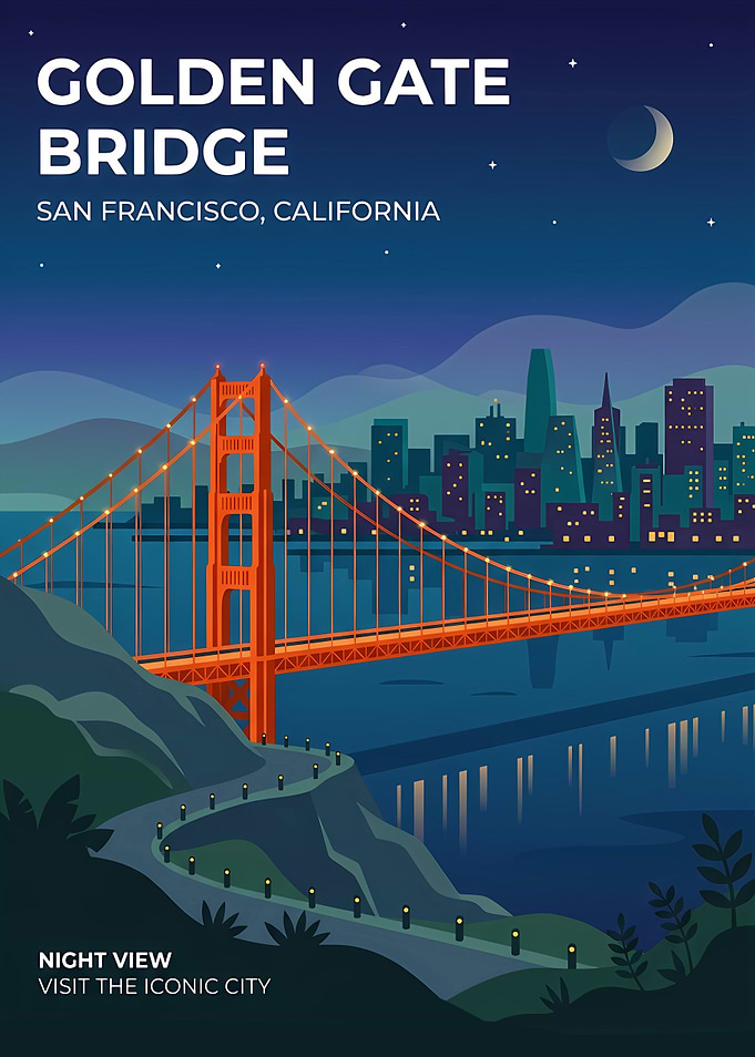 Golden Gate Bridge Night Travel Poster