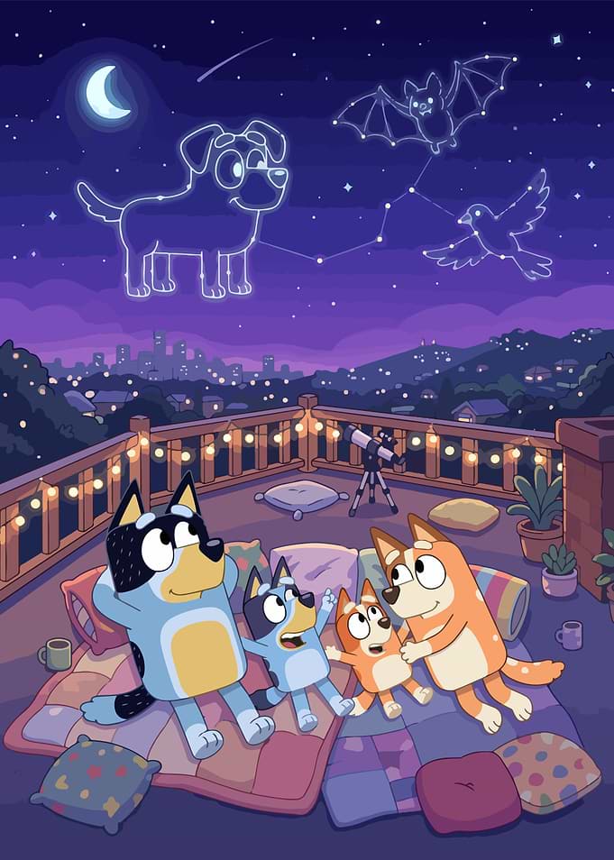 Bluey Family Stargazing on Balcony